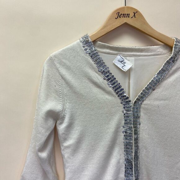 MILLY of New York White Sequins Cardigan Sweater Long Sleeve Ribbed Knit - Picture 2 of 9